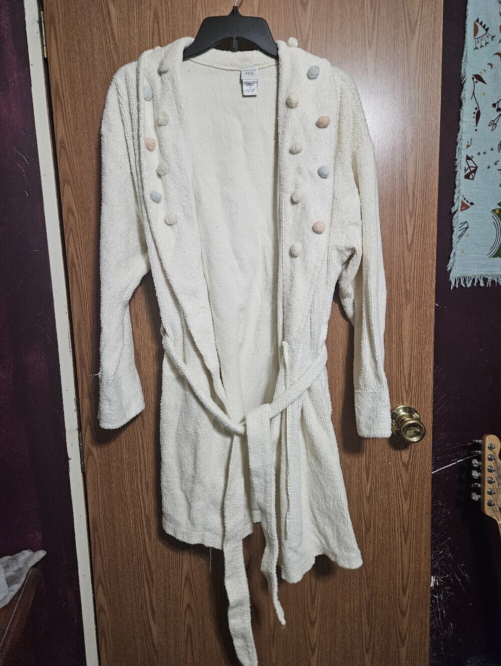 Garnet Hill Cream Colored Terry Cloth Robe With Pastel Pom Poms Size Small!